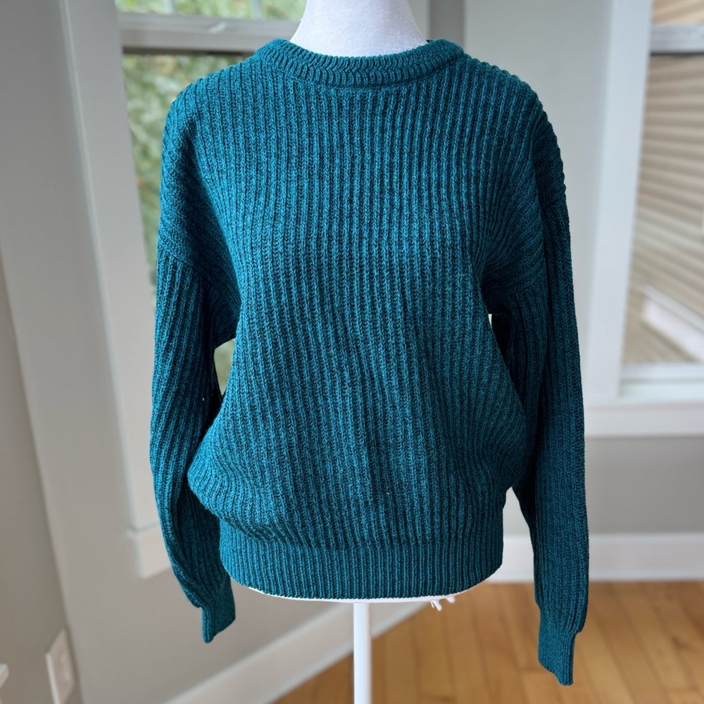 Vintage Today’s News Heather Teal Blue Crewneck Shaker Knit Sweater Size Large